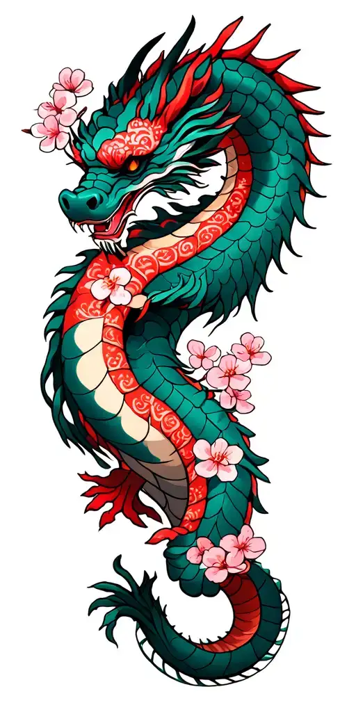 Japanese dragon with cherry blossoms wrapping around arm tattoo design idea