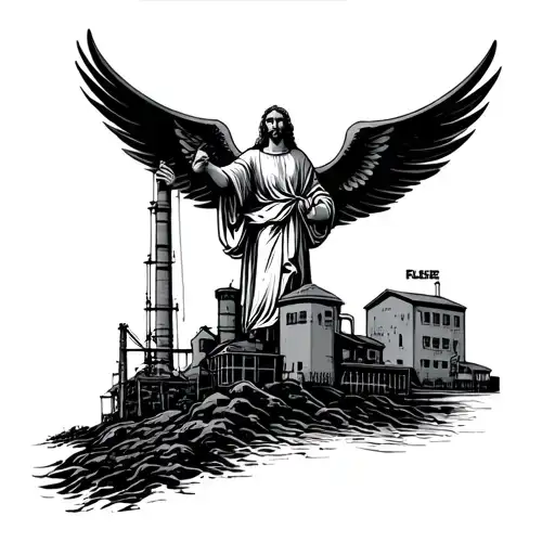 Fuse your love for God with your blue-collar job by depicting a celestial figure overseeing a power plant in a black-grey style tattoo tattoo design idea