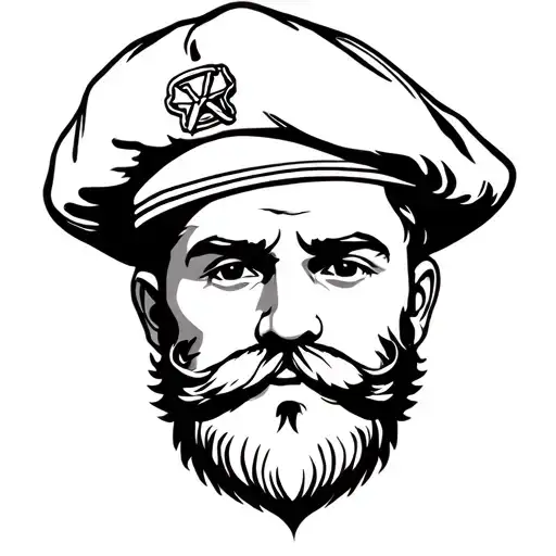 sailor with beard, black and white, old school tattoo,  head only from face, with a  paddy cap tattoo design idea