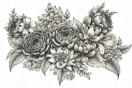 Band of delicate flowers and leaves including daisies, daffodils, jonquils, chrysanthemums, and peonies.  tattoo design idea