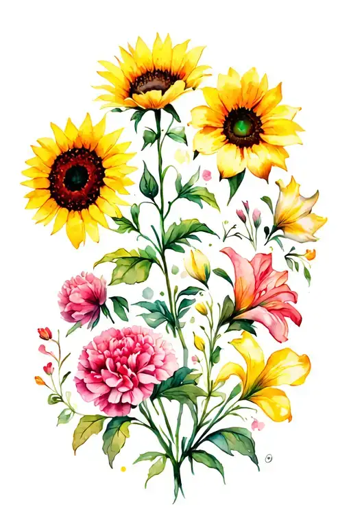 sunflower, tulip, carnation, geranium, honeysuckle, marigold, lily, daffodil, and tattoo design idea
