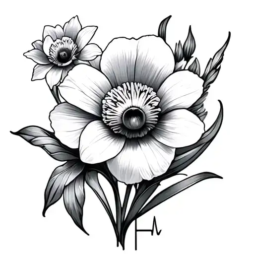 daffodil poppy Marigold flowers with heart beat as the steam  tattoo design idea