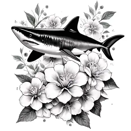 feminine orange blossom flowers, with slices of watermelon and a great white shark tattoo design idea