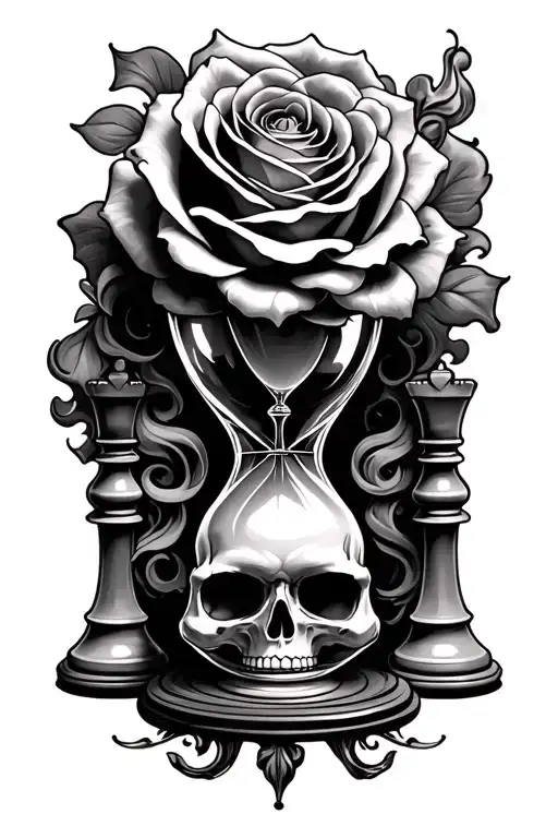 "Hour glass, rose, skull, smoke" Chess Queen tattoo design idea