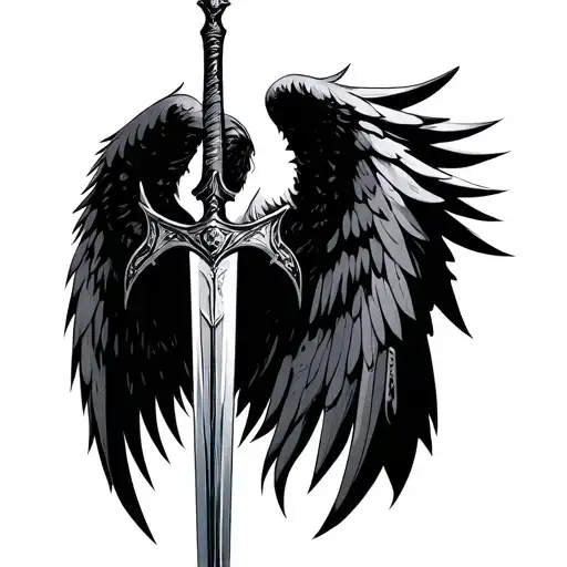 knight, black, sword, angel wings tattoo design idea