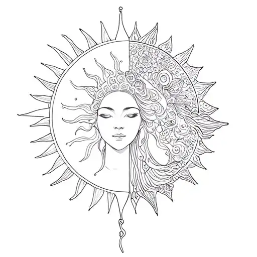 A fine length tattoo with an oriental and female sun sun tattoo design idea