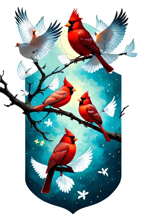 three cardinals on a branch with seven doves flying away  tattoo design idea