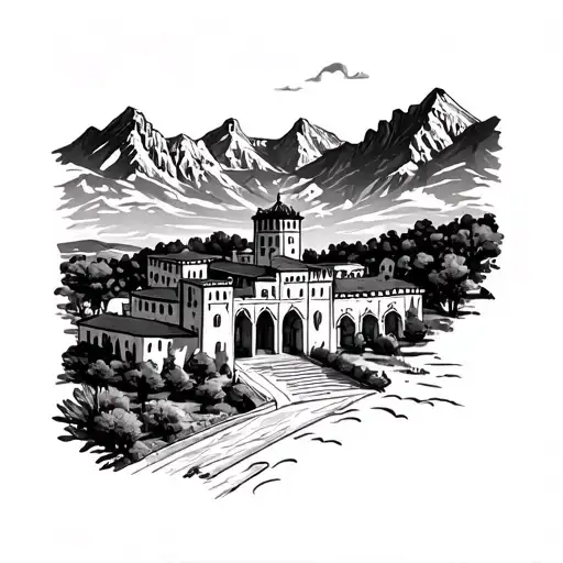 Alhambra (Granada) in front of flatirons mountains (Boulder) tattoo design idea