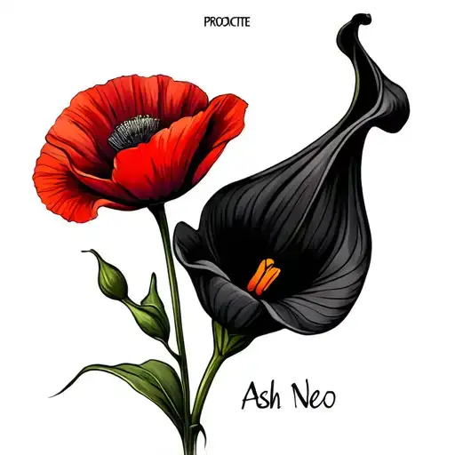 black calla lily flower, with red poppy flower, name Ash  tattoo design idea