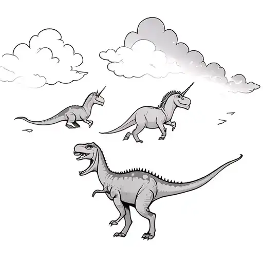 Three Dinosaurs and  One Unicorn running​ on​ the​ clouds  tattoo design idea
