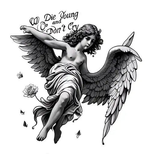 Tattoo with a falling angel Written We Die Young and Don't Cry tattoo design idea