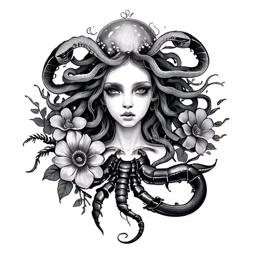 Medusa tattoo with a jelly fish a snake a scorpion and hi I use flowers  tattoo design idea