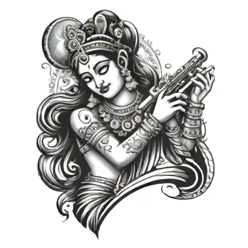 V made of flute and radha krishna design tattoo design idea