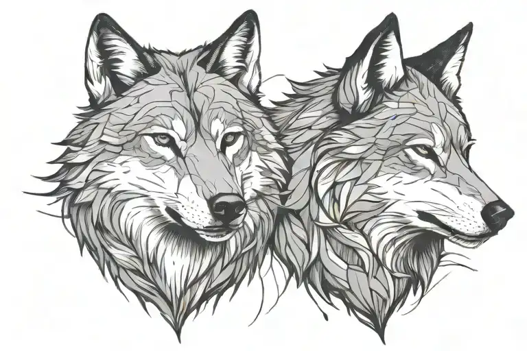 looking at each other a two splited wolfs heads one of them angry tattoo design idea