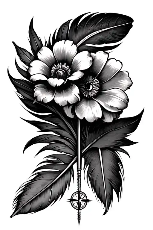 Sand flower on a compass and Indian feather tattoo design idea