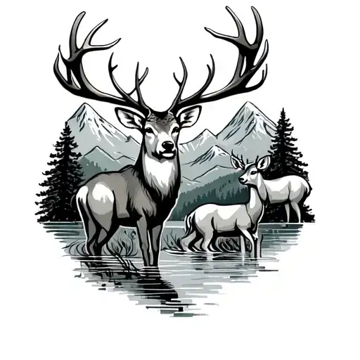 Deer Family 2 bucks 2 doe mountains and water tattoo design idea