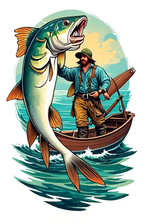 cod fish cought by fisherman in boat On the sea tattoo design idea
