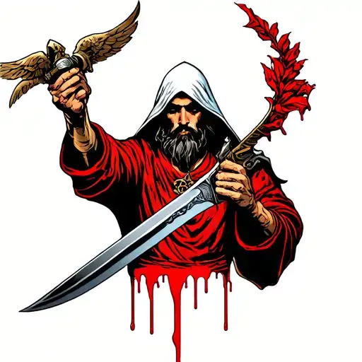 ezio auditory holding peace of eden with blood dripping from his hidden blade tattoo design idea