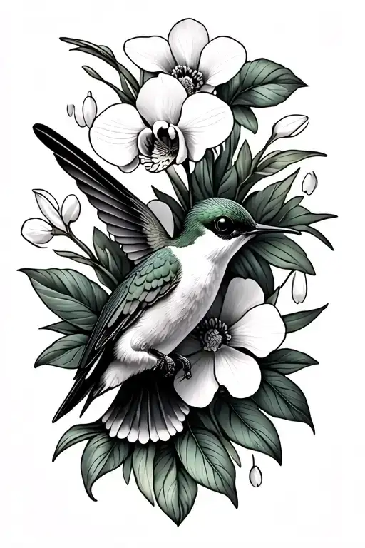 hummingbird with orchids, poppies and snowdrops surrounding the bird minimal  tattoo design idea