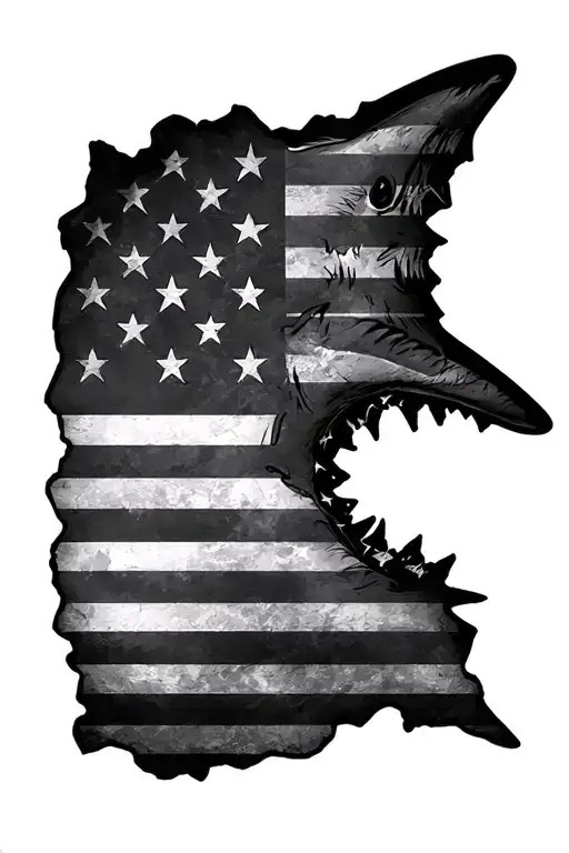 Black and white tattered American flag with a shark outline through it tattoo design idea