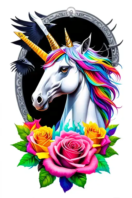 Create a tattoo with a unicorn, raven and a cut throat razor, roses and rainbow  tattoo design idea