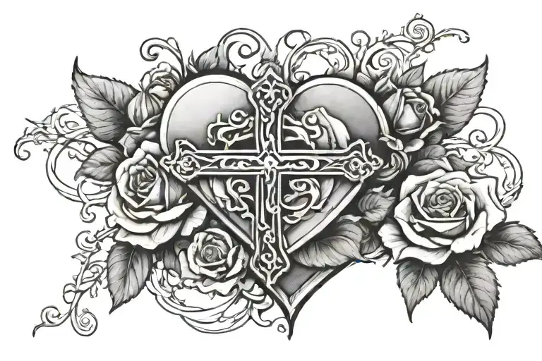 clouds, roses surrounding, cross intertwined, heart thorns, Bible verse, Amanda Rip 1985-2022 a loving mother  tattoo design idea