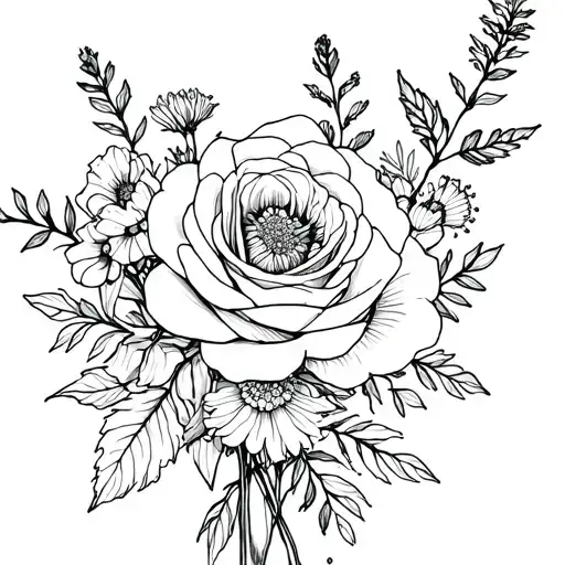 bouquet with roses, larkspurs, and marigolds tattoo design idea