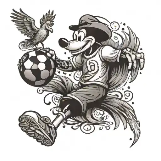 A whimsical scene of Goofy playing soccer with a phoenix perched on his shoulder tattoo design idea