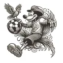A whimsical scene of Goofy playing soccer with a phoenix perched on his shoulder tattoo design idea