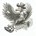 A whimsical scene of Goofy playing soccer with a phoenix perched on his shoulder tattoo design idea