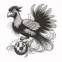 A whimsical scene of Goofy playing soccer with a phoenix perched on his shoulder tattoo design idea