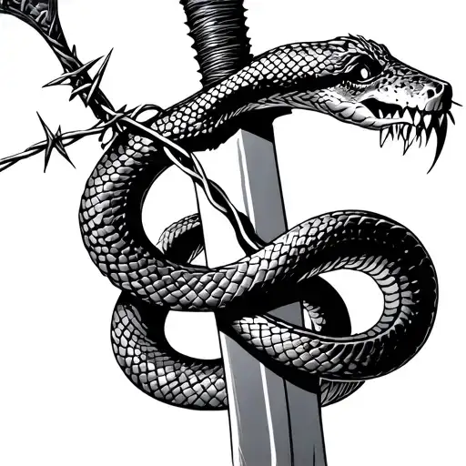 snake wrapping around a sword with barbed wire coming out of its mouth tattoo design idea