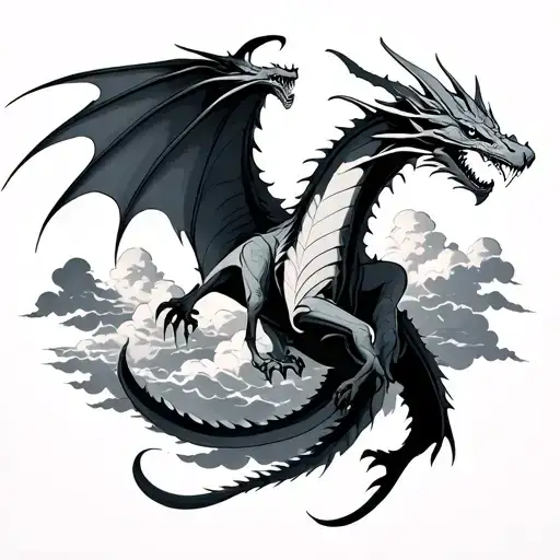 simetric dragons flying and clouds surrounding on the chest tattoo design idea