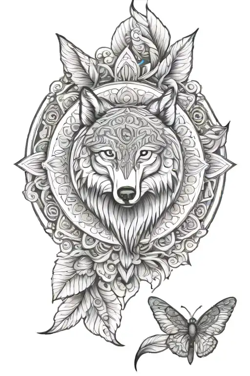 mandala with wolf or moth tattoo design idea