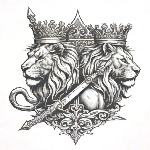 two lions brothers standing back to back with sword in the middle crown on top tattoo design idea