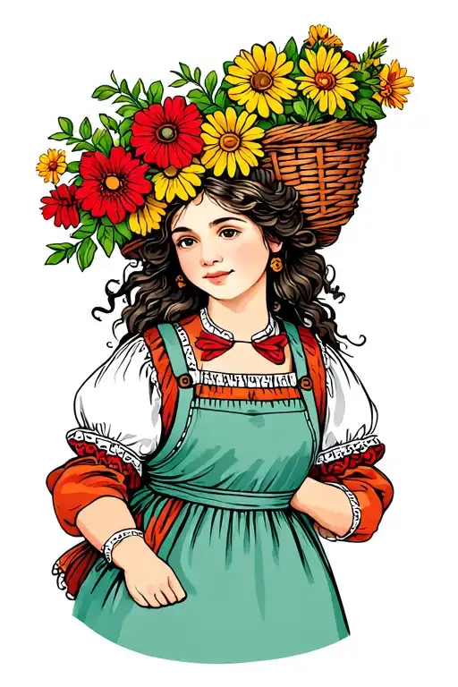 beautiful Italian peasant girl in a dress and apron carrying a basket of flowers on her head tattoo design idea