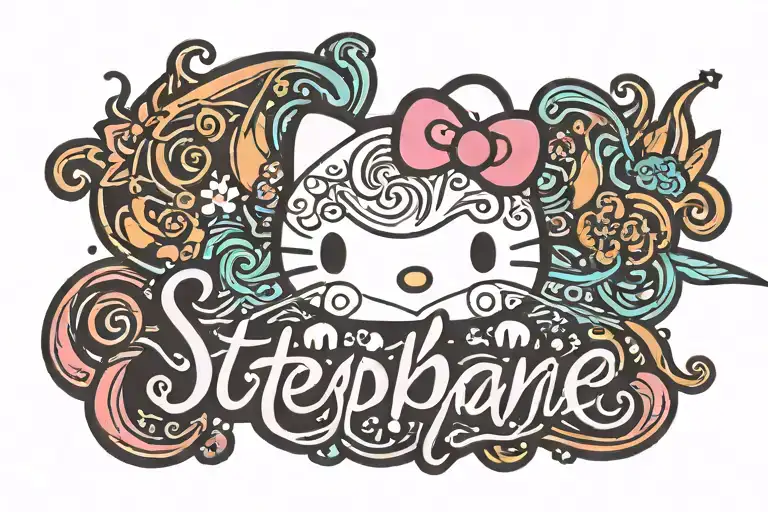 the name Stephanie in cursive with small hello kitty logo incorporated into the design tattoo design idea