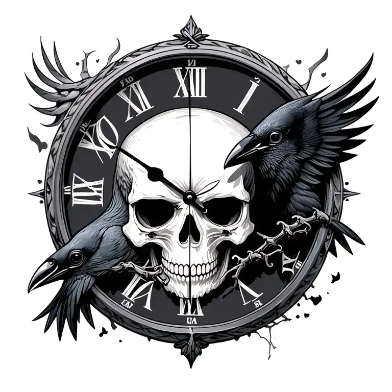 skull clock crow tattoo design idea