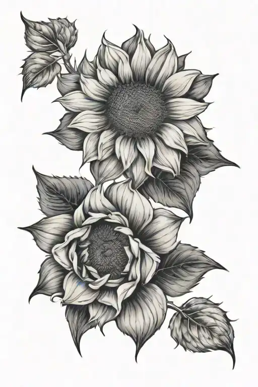 A black and white tattoo on a woman's arm. The tattoo includes clear depictions of one sunflower, one hibiscus, one tige tattoo design idea