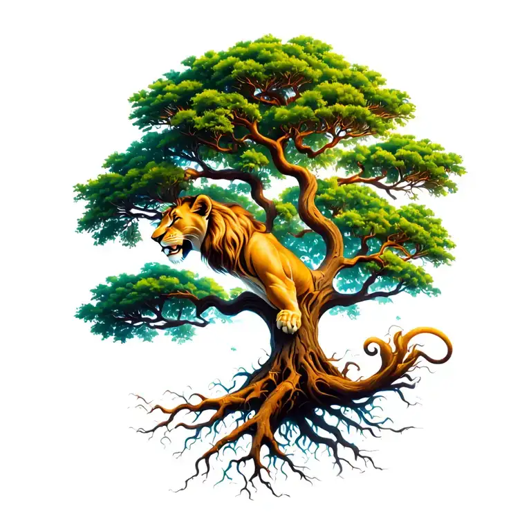 flamboyant tree, simba marking on tree like lion king, bottom of tree in roots . tree blowing away to sky like movie tattoo design idea