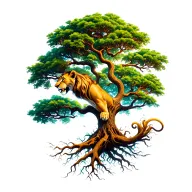 flamboyant tree, simba marking on tree like lion king, bottom of tree in roots . tree blowing away to sky like movie tattoo design idea