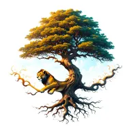 flamboyant tree, simba marking on tree like lion king, bottom of tree in roots . tree blowing away to sky like movie tattoo design idea