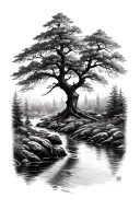 tree along stream in forest tattoo design idea