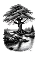 tree along stream in forest tattoo design idea