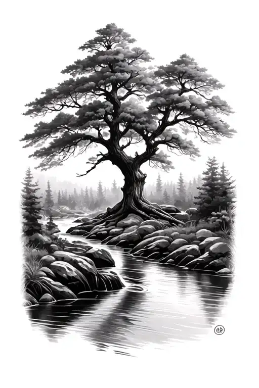 tree along stream in forest tattoo design idea