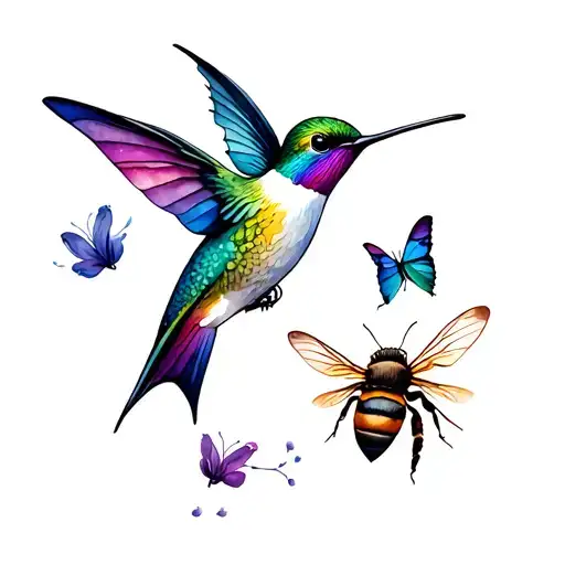 hummingbird, butterfly and bee pollinating tattoo design idea