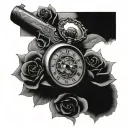 pocketwatch on a bed of roses with shotgun shells amongst the roses.  tattoo design idea