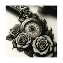 pocketwatch on a bed of roses with shotgun shells amongst the roses.  tattoo design idea