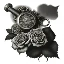 pocketwatch on a bed of roses with shotgun shells amongst the roses.  tattoo design idea