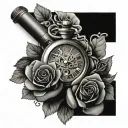 pocketwatch on a bed of roses with shotgun shells amongst the roses.  tattoo design idea